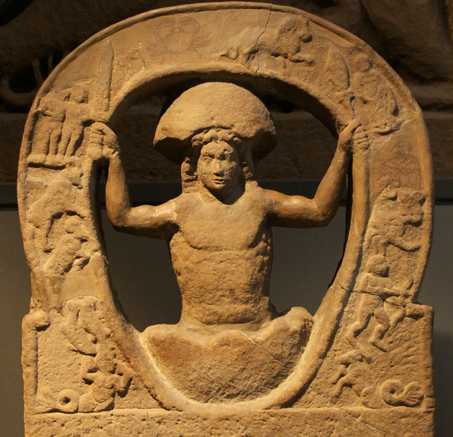 منحوتة تعود للحقبة الرومانية تمثل الولادة المعجزة للإله ميثرا من الصخرة، و قد عثر عليها شمال بريطانيا و توجد حاليا بمتحف نيوكاسل.