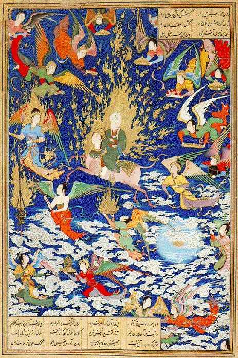 لوحة منمنمات فارسية يرجع تاريخها للعام 1550 تتوقع النبي محمد و هو يركب البراق في رحلة المعراج.