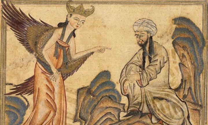 منمنمة فارسية قديمة تصور محمد و هو يتلقى الوحي من جبريل في غار حراء.
